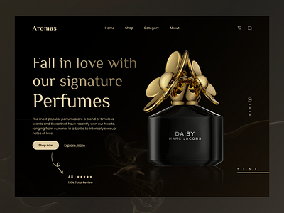 Aromas - Perfumes Landing Page branding cart dark dark theam design explore figma landing page logo perfume product product page shop shopping theam ui ux web web page website
