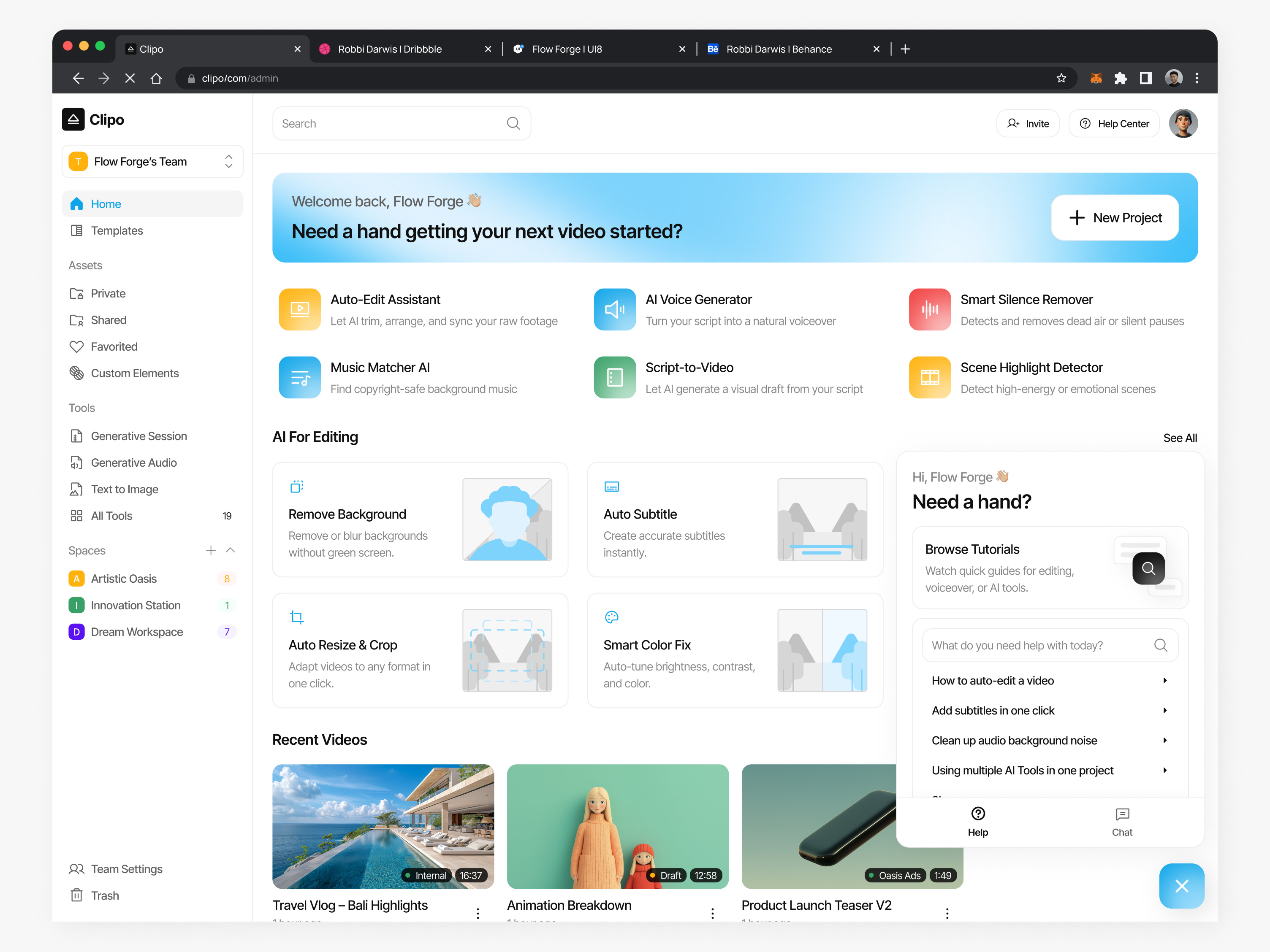 Clipo - AI for Video Editor Webapp (Fab & Help Center) ai avatar ai generate ai platform clip creator dashboard generate voice over grid view invite member list view onboarding photo editor pricing page responsive design saas product team space ui design video editing video editor video generate voice over