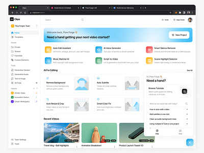 Clipo - AI for Video Editor Webapp (Fab & Help Center) ai avatar ai generate ai platform clip creator dashboard generate voice over grid view invite member list view onboarding photo editor pricing page responsive design saas product team space ui design video editing video editor video generate voice over