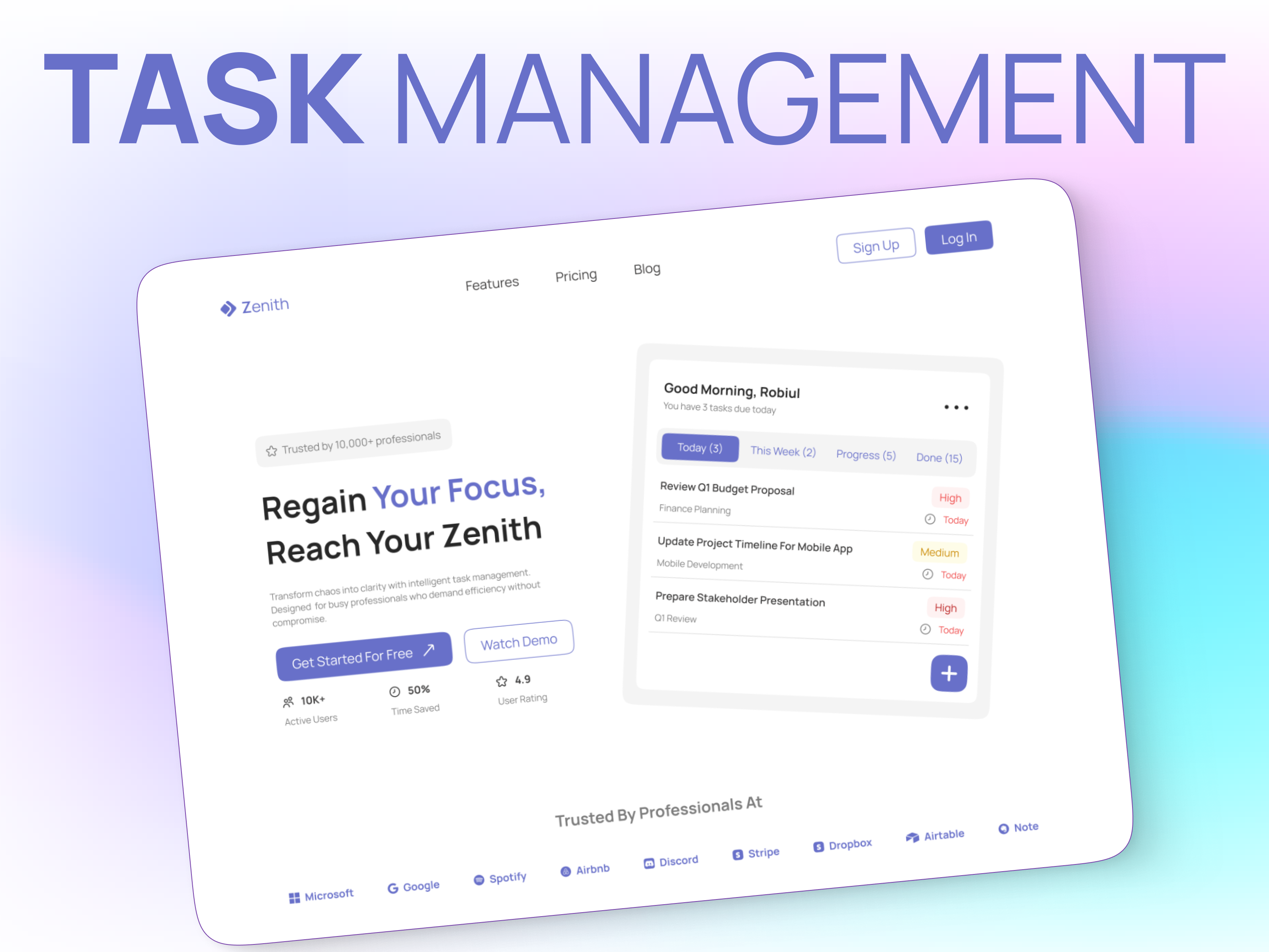 Zenith: The Professional Task Manager mobile app design