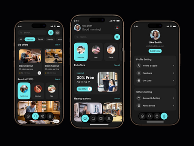 Barber and Beauty Salon Mobile App UI/UX appointment barber booking barber shop beauty app beauty marketplace beauty salon beauty salon app design beauty salon design best hair salon appointment app booking app dark theme hair cut hair saloon hair stylist mobile app mobile app design salons services shaves skincare uiux