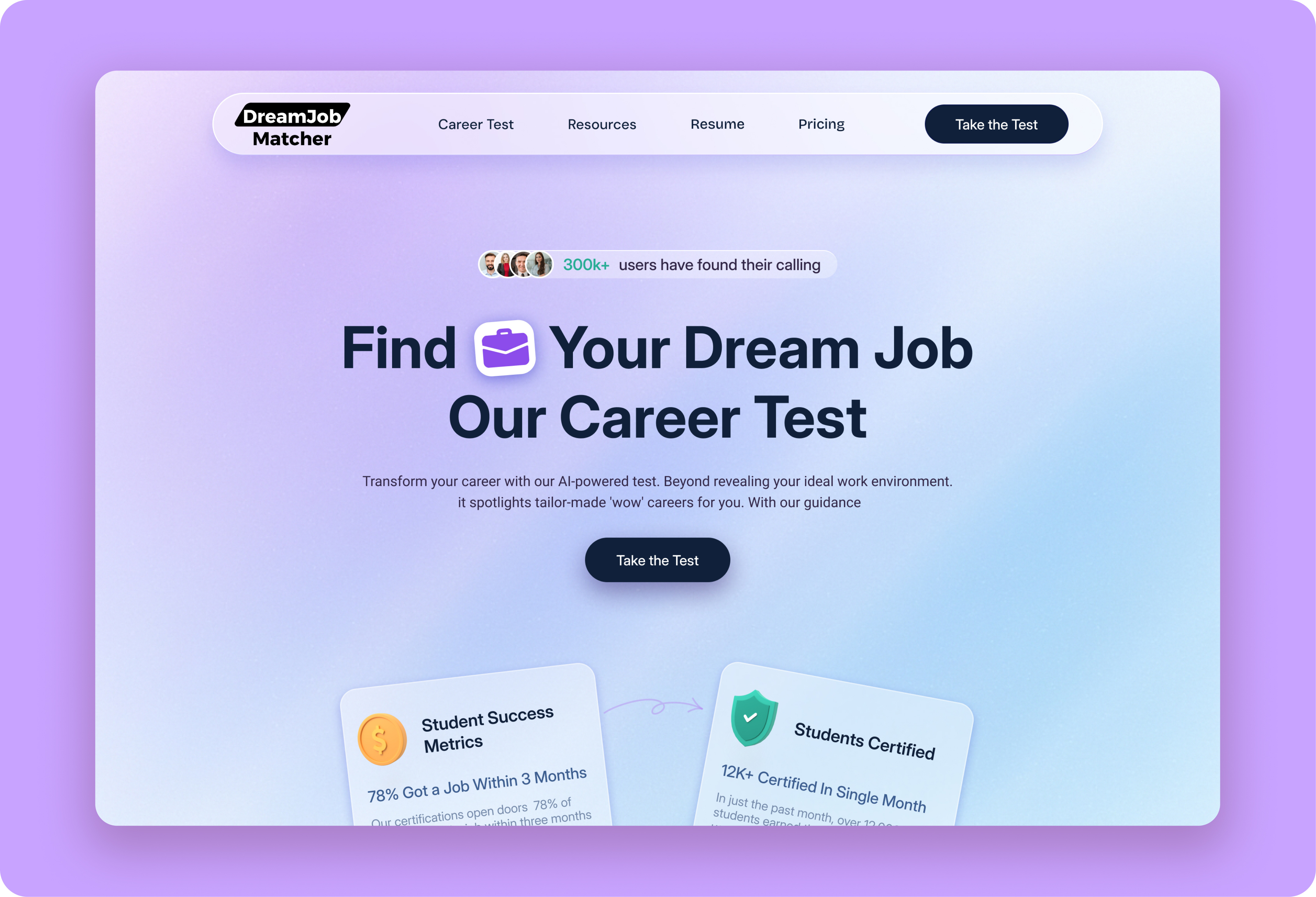 DreamJobMatcher – AI Career Assessment Website applicant career crm employee homepage hr management human resource job hunter jobseeker landing page product design produtc design saas start up ui ui ux webdesign