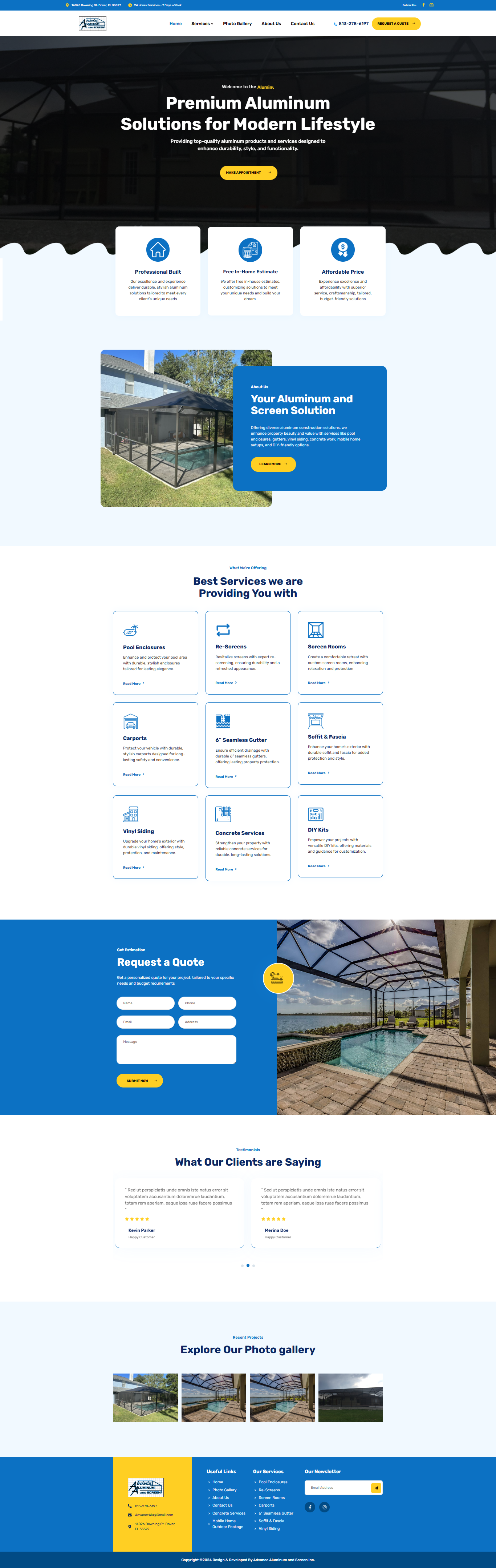 Advance Aluminum Premium Aluminum & Screen Construction Website branding landingpage ui