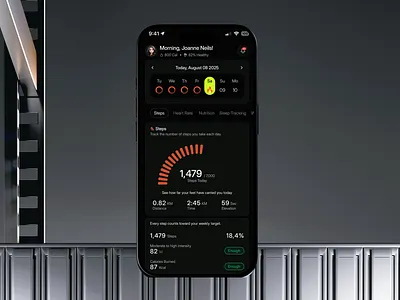 Fitness Mobile App: Step Tracking Dashboard activity activity tracker app design daily progress dark dark mode fitness fitness tracker graph habit habit tracker health health tracker kjsfnv mobile app product design progress tracker uiux wellbeing