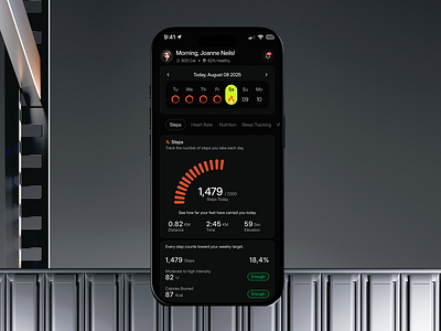 Fitness Mobile App: Step Tracking Dashboard activity activity tracker app design daily progress dark dark mode fitness fitness tracker graph habit habit tracker health health tracker kjsfnv mobile app product design progress tracker uiux wellbeing