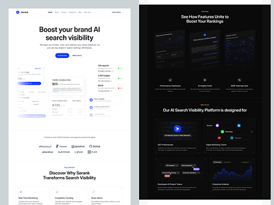 AI SaaS Landing Page: Search Visibility Platform ads ai artificial intelligence b2b bento boost branding dashboard landing page marketing marketing ads product design report saas search search visibility seo seo analytics visibility web design