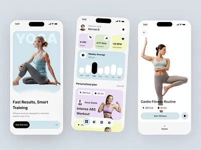 Smart Fitness & Yoga App Design android app design calories exercise fitness app fitness tracker health healthcare ios meditation minimal mobile trainer wellness workout app yoga app