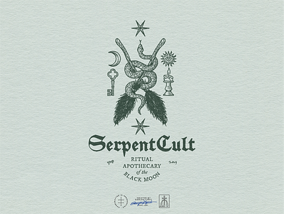 Serpent Cult Primary Logo blackletter brand design brand identity branding branding design broom esoteric hand drawn identity design illustration logo logo design magic moon occult snake star sun vintage visual identity
