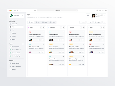 Taskora Kanban Board – Organized & Intuitive admin panel data design desktop minimalist design modern design project project management saas task task management time management to do list ui uidesign uiux ux uxdesign web design website