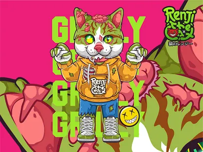 GRILLY brain cartoon cat character green monster pink vector yokai zombie