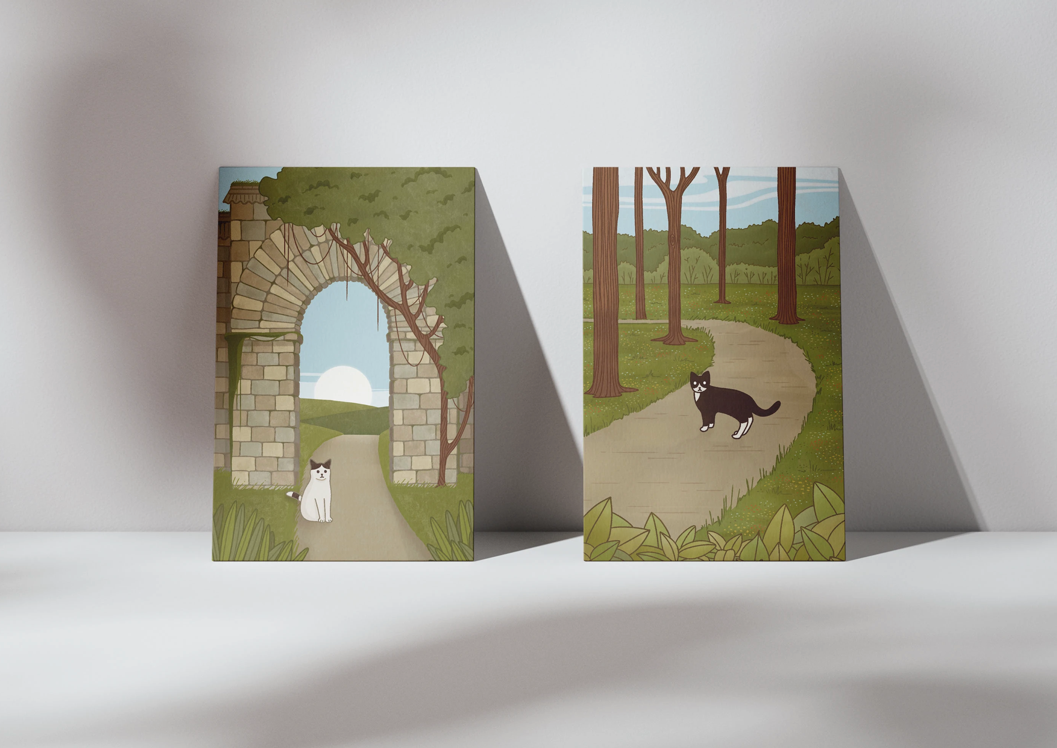Wandering Cat Companions Postcard Illustrations cats digitalart dribbble foliage forest graphic design graphicdesign illustration ipad landscape postcard procreate scenery