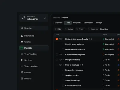 Internal OS System - Inity Agency client hub client management client portal filters menu items project project management side navigation side panel table tabs task management tasks