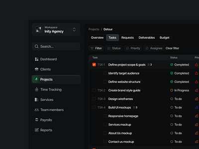 Internal OS System - Inity Agency client hub client management client portal filters menu items project project management side navigation side panel table tabs task management tasks