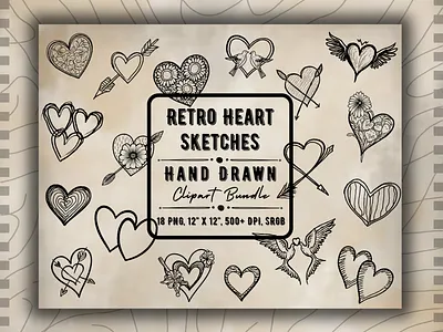 Retro Heart Sketches (Hand Drawn Clipart Bundle) digital artwork