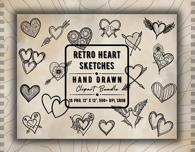 Retro Heart Sketches (Hand Drawn Clipart Bundle) digital artwork
