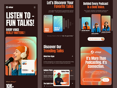 Whispr: Podcast Platform - Responsive Page Website audio branding content creator design studio gradient landing page mobile online streaming podcast responsive layout tech typography ui ui design ux web web design website website design