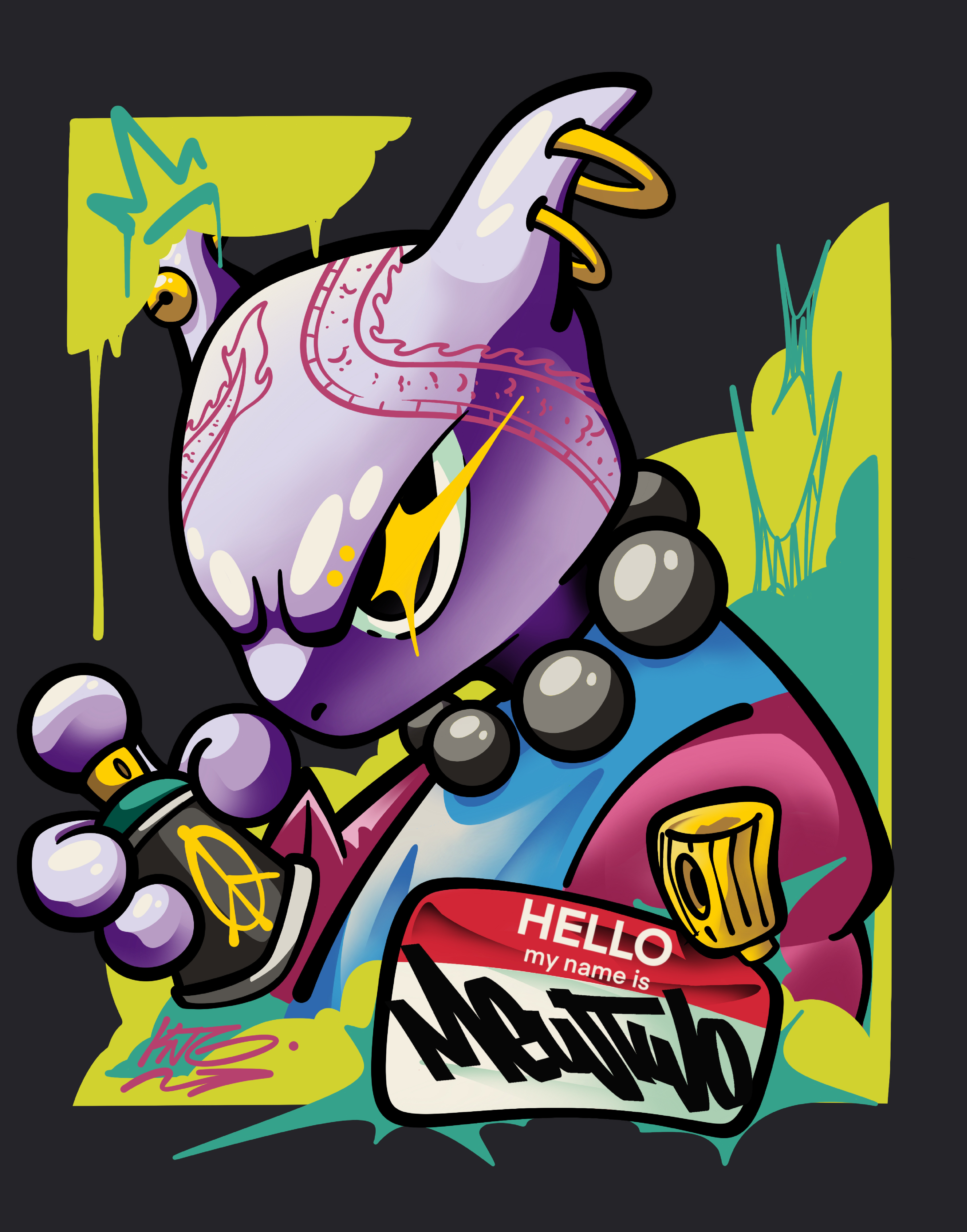 Cartoon Illustration - MewTwo Graffstyle anime artwork cartoon character commission design digital artwrok draw drawing fanart graffiti graphic design illustration illustrator logo manga pokemon streetwear tshirt design urban