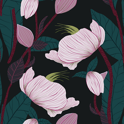 Flowers With Leaves in Dark. Seamless pattern fabric fashion floral flowers pattern seamless pattern textile
