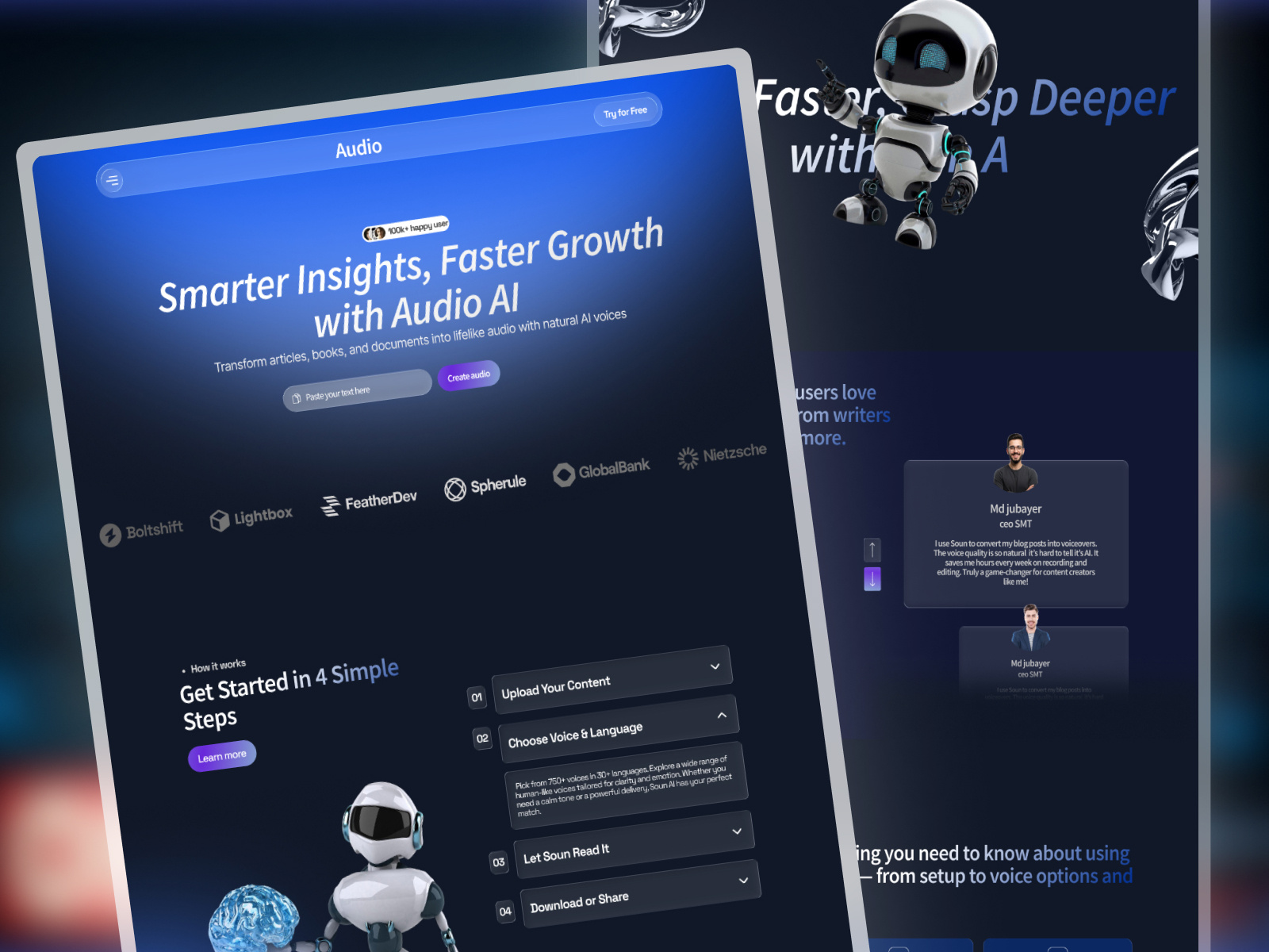 AI Audio Landing Page 3dillustration aidesign aiplatform artificialintelligence landingpage modernui neumorphism saas uidesign uiux uxdesign webdesign