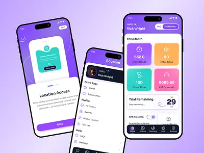 Smart Trip & Drive Tracker App app ui ux design concept drive time tracking app ui gps enabled app design gps tracking app ui gradient app design journey tracker mobile app location tracking mobile app minimal mobile app ui mobile app dashboard ui mobile app ui design inspiration modern dashboard ui onboarding screen ui design smart travel planner app travel app concept design travel app ui kit travel management app design travel stats app ui travel tracking app ui trip management app ui trip tracker app design