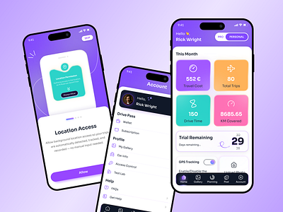 Smart Trip & Drive Tracker App app ui ux design concept drive time tracking app ui gps enabled app design gps tracking app ui gradient app design journey tracker mobile app location tracking mobile app minimal mobile app ui mobile app dashboard ui mobile app ui design inspiration modern dashboard ui onboarding screen ui design smart travel planner app travel app concept design travel app ui kit travel management app design travel stats app ui travel tracking app ui trip management app ui trip tracker app design