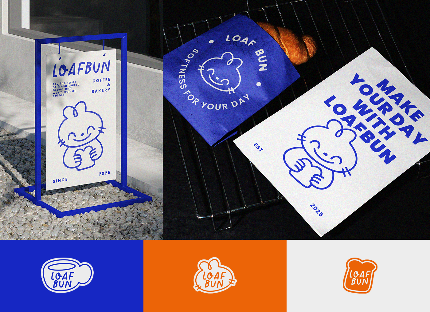 Loafbun - Visual Identity for Coffee and Bakery Shop bakery bakery branding bakery shop blue brand book brand guide brand identity brand logo branding cafe cartoon coffee coffee shop design graphic design logo logo lineart logo minimalism orange vector