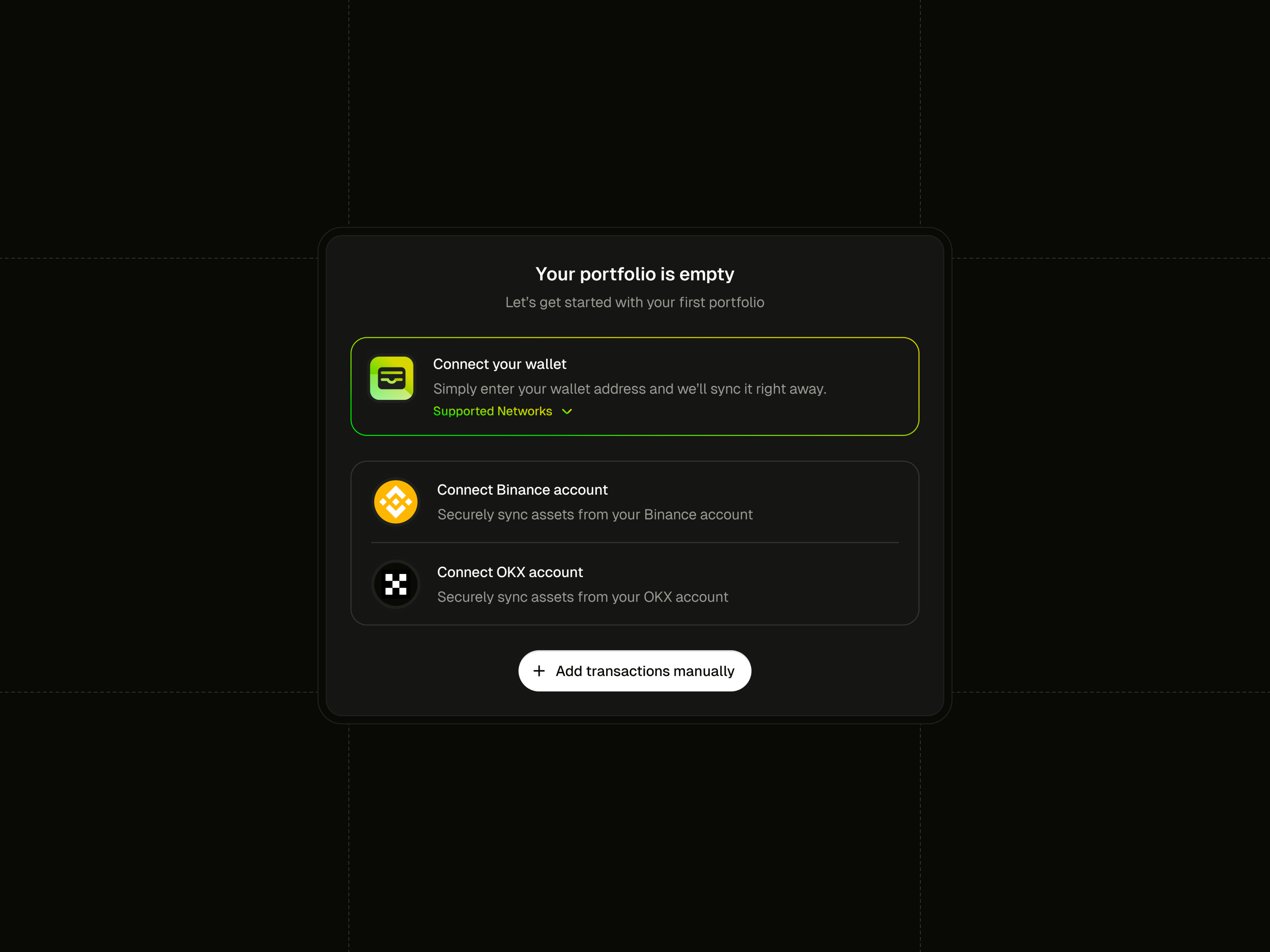 Coinstax: Portfolio - Empty State - Dark Mode clean coinstax crypto dashboard crypto modal crypto portfolio crypto ui crypto wallet crypto web app dark mode dark theme dark ui dashboard dark mode dashboard dark theme empty state empty state ui ui ui design user interface web3 app web3 dashboard
