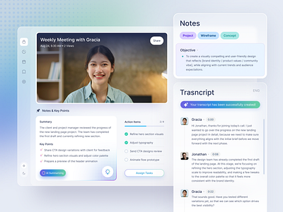 AI meeting recorder and notetaker dashboard ai call dashboard discussion landing page meeting notes notetaking transcript ui video call web workspace