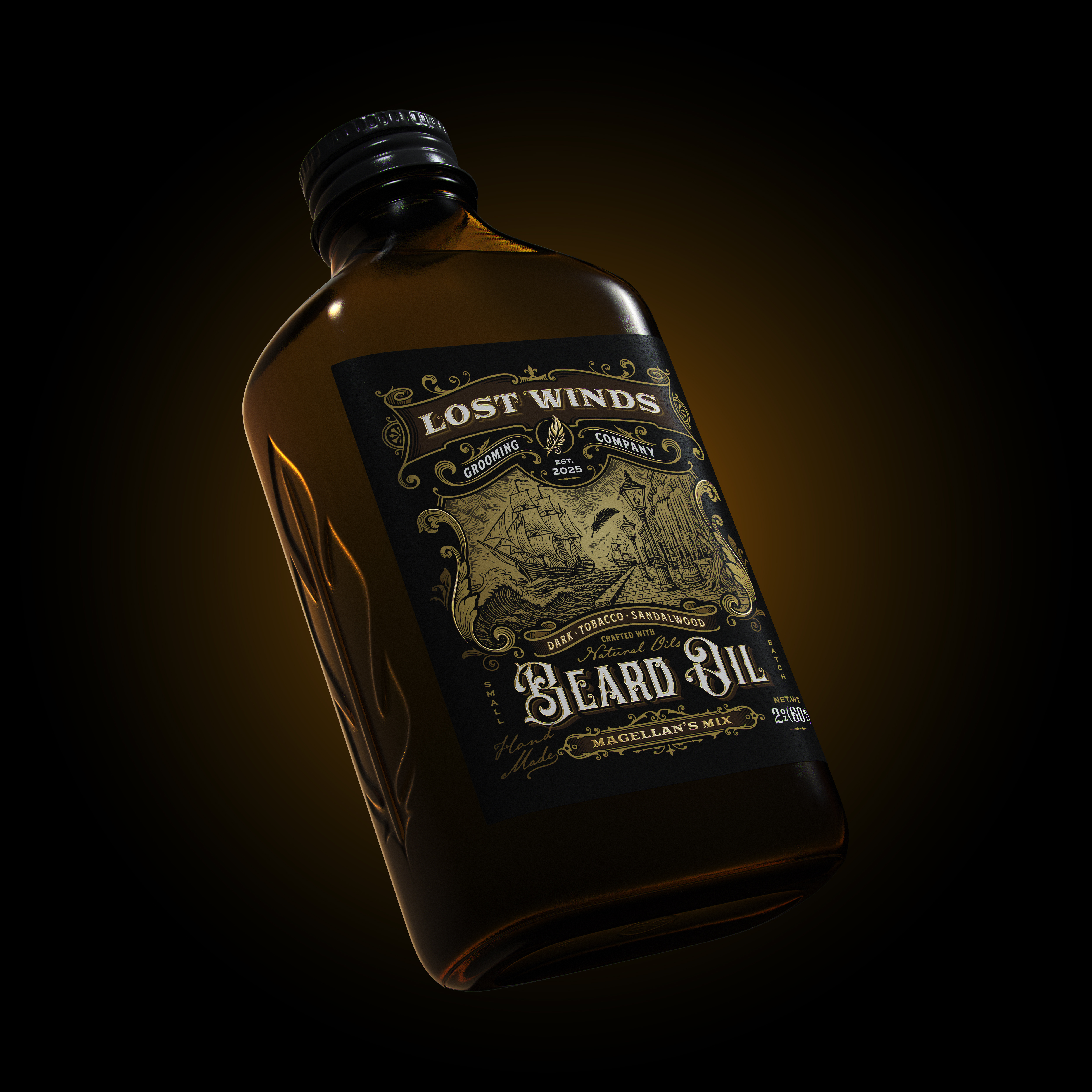 Lost Winds Beard Oil beard oil brand identity branding cosmetics graphic design hand drawn illustration label nautical packaging packaging design ship sophisticated typography victorian vintage vintage label vintage logo vintage typeface