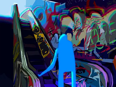 Blue dude walking up the escalator art books brand illust character design design digital art graffiti graphic design illustration magazine perspective procreate sketching web illustration
