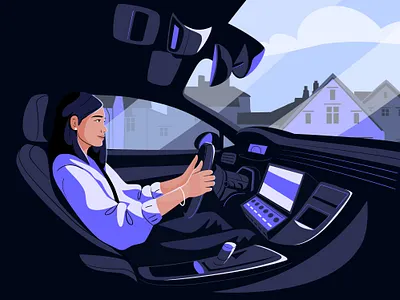 Driving adobe blue car character city design driving graphic illustration pastel vector woman