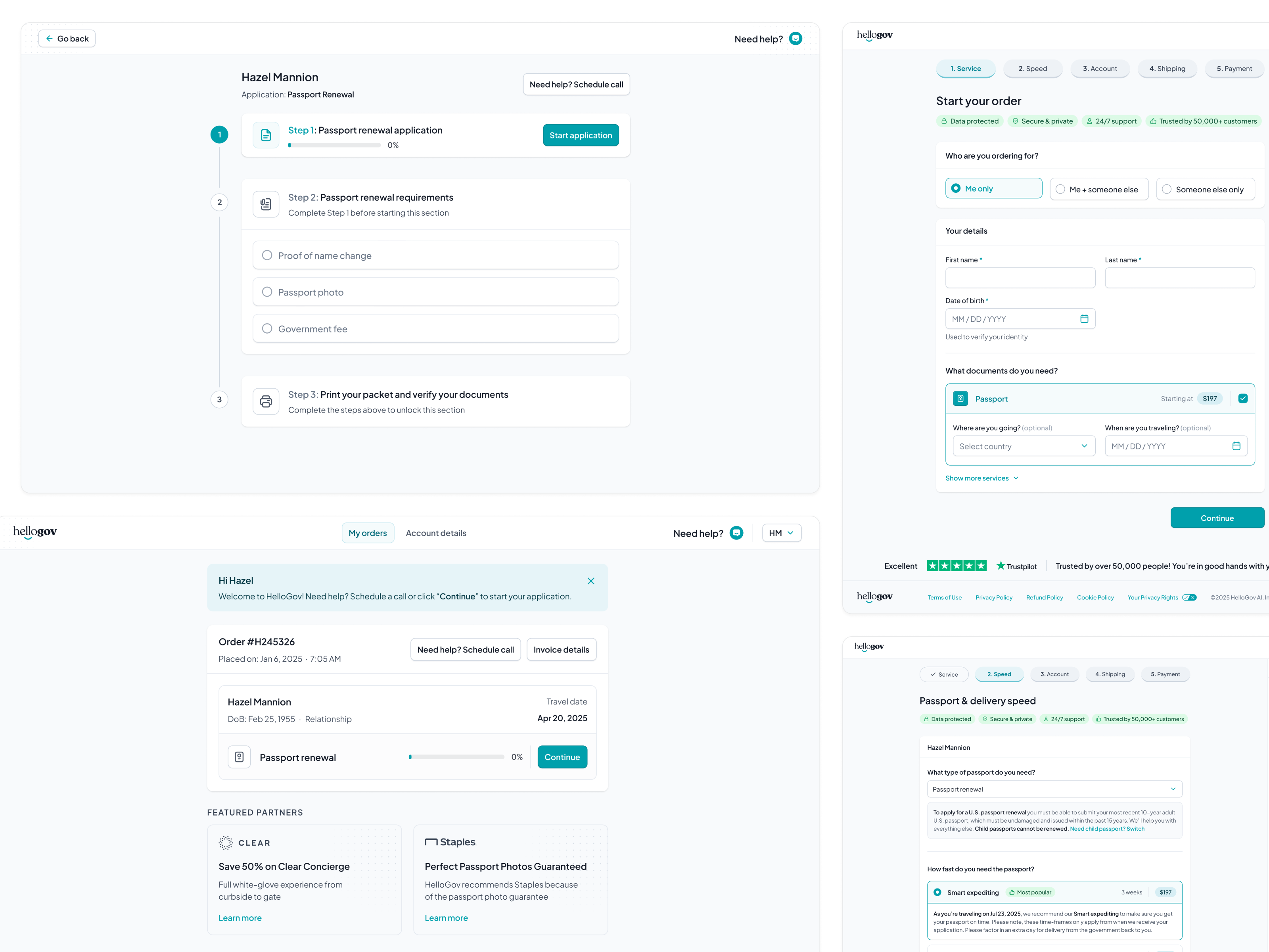 HelloGov Passport Application application checkout clear crm customer portal egov form government government service hellogov onboarding passport passport application progress progress bar shopify social proof staples step by step