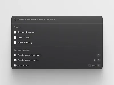 Disy — Command Bar cmd cmd bar cmd k command bar command k dark field input minimalist modal popover product design results saas search search bar shortcut shortcuts ui ux