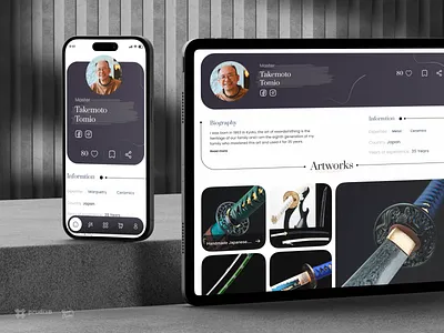 User Profile UI UX design | Art Gallery art gallery artisit artwork buy and sell digitalcraft handmade japanese art katana marketplace minimal mobile app navbar online shop responsive shopping ui uiux design ux webapp website