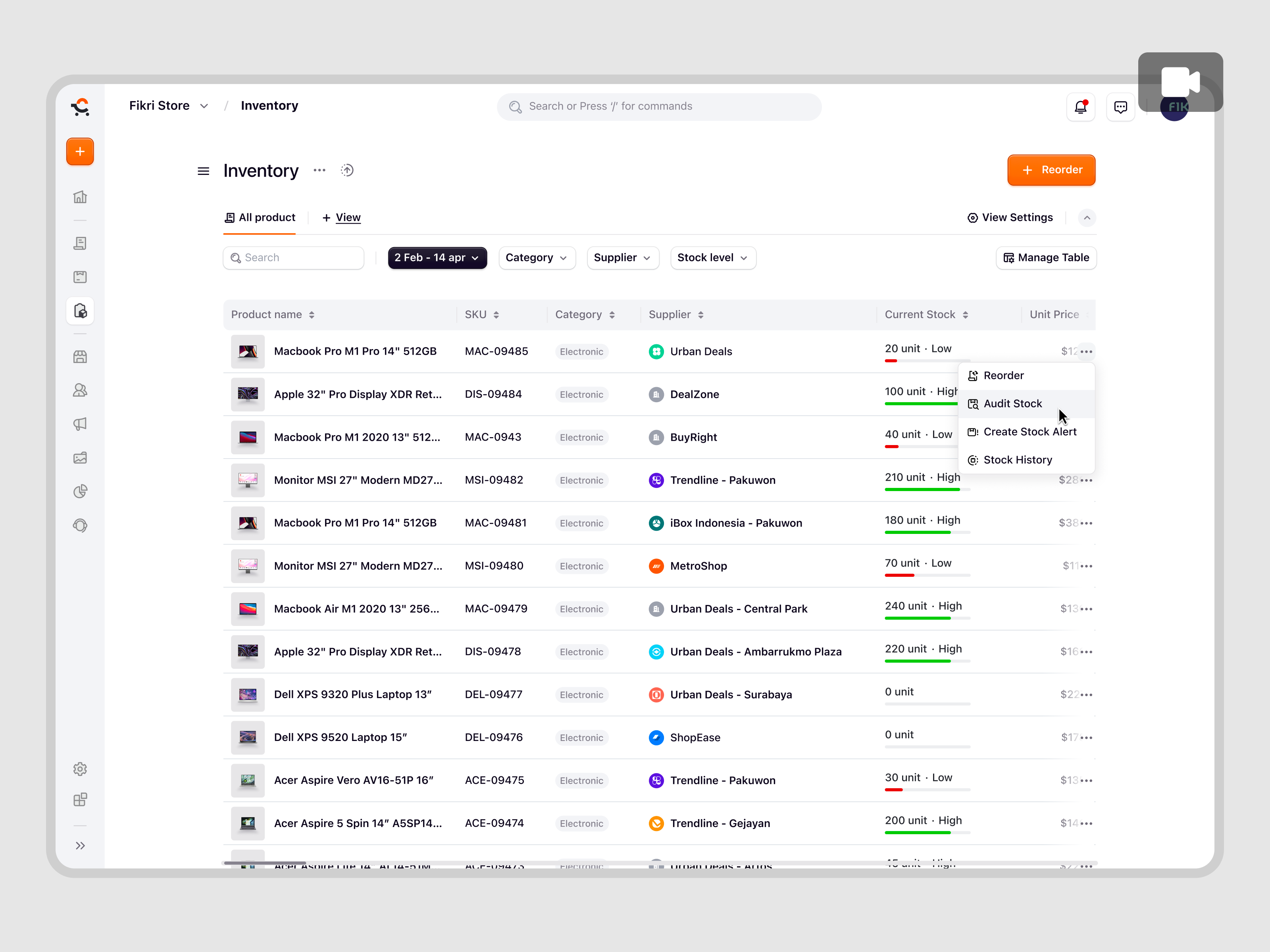 Example of Ecomiq: Audit, Set Auto-Reorders & Supplier Purchase Orders
