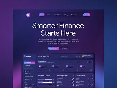 Finance Landing Page - Finora AI Finance App ai app ai finance ai landing page dashboard dashboard ui finance app finance app dashboard financial dashboard fintech investment app landing page landing page design saas platform