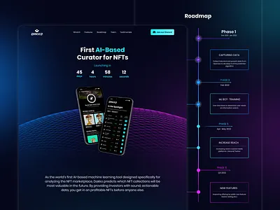 Website Design for Dakko ai countdown dark design futuristic header nft roadmap saas ui web