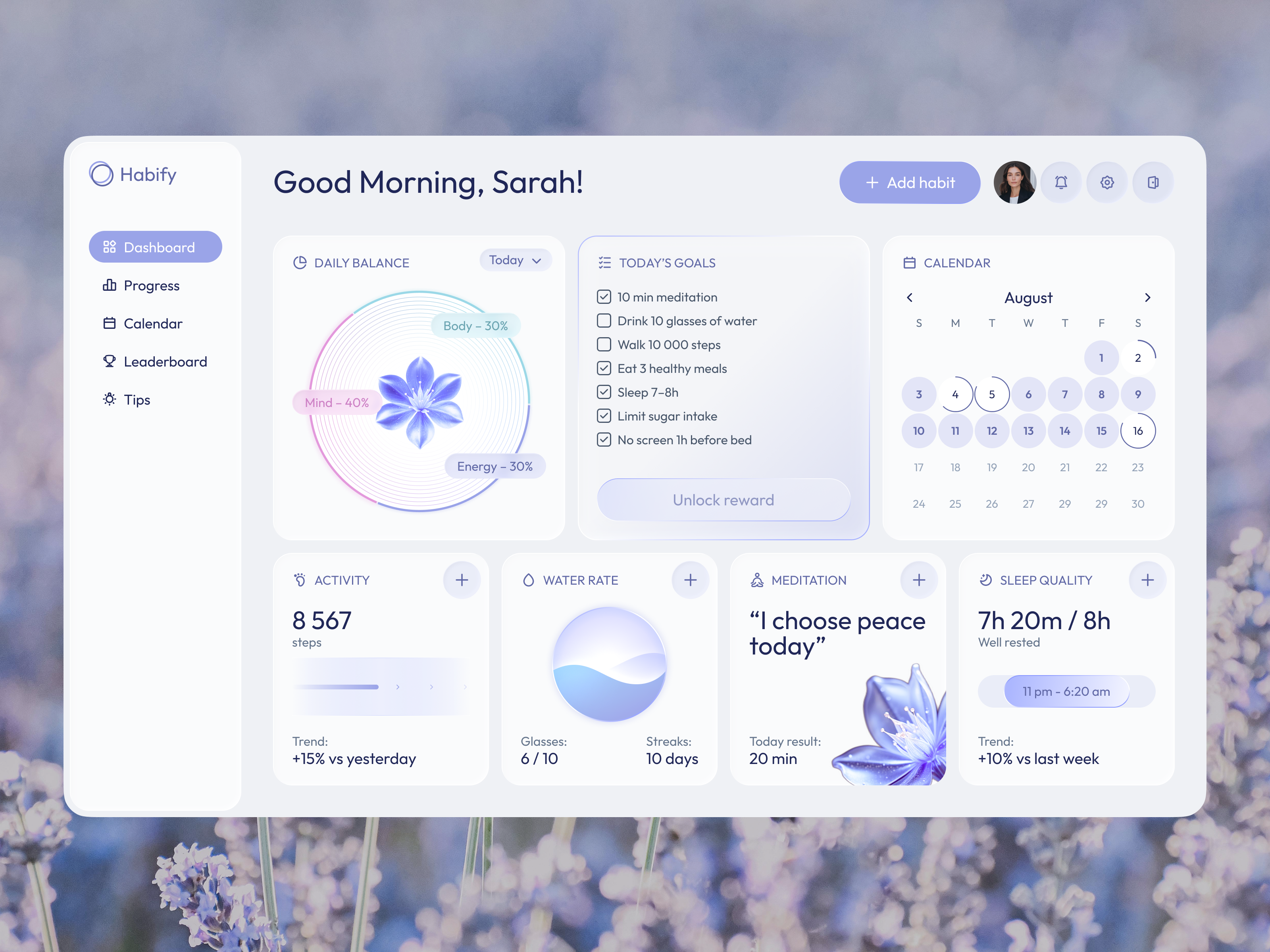 🪷 Habify – Habit Tracking Dashboard app card checklist concept dashboard design habit habit tracker health healthcare meditation saas tracker ui uiux ux water