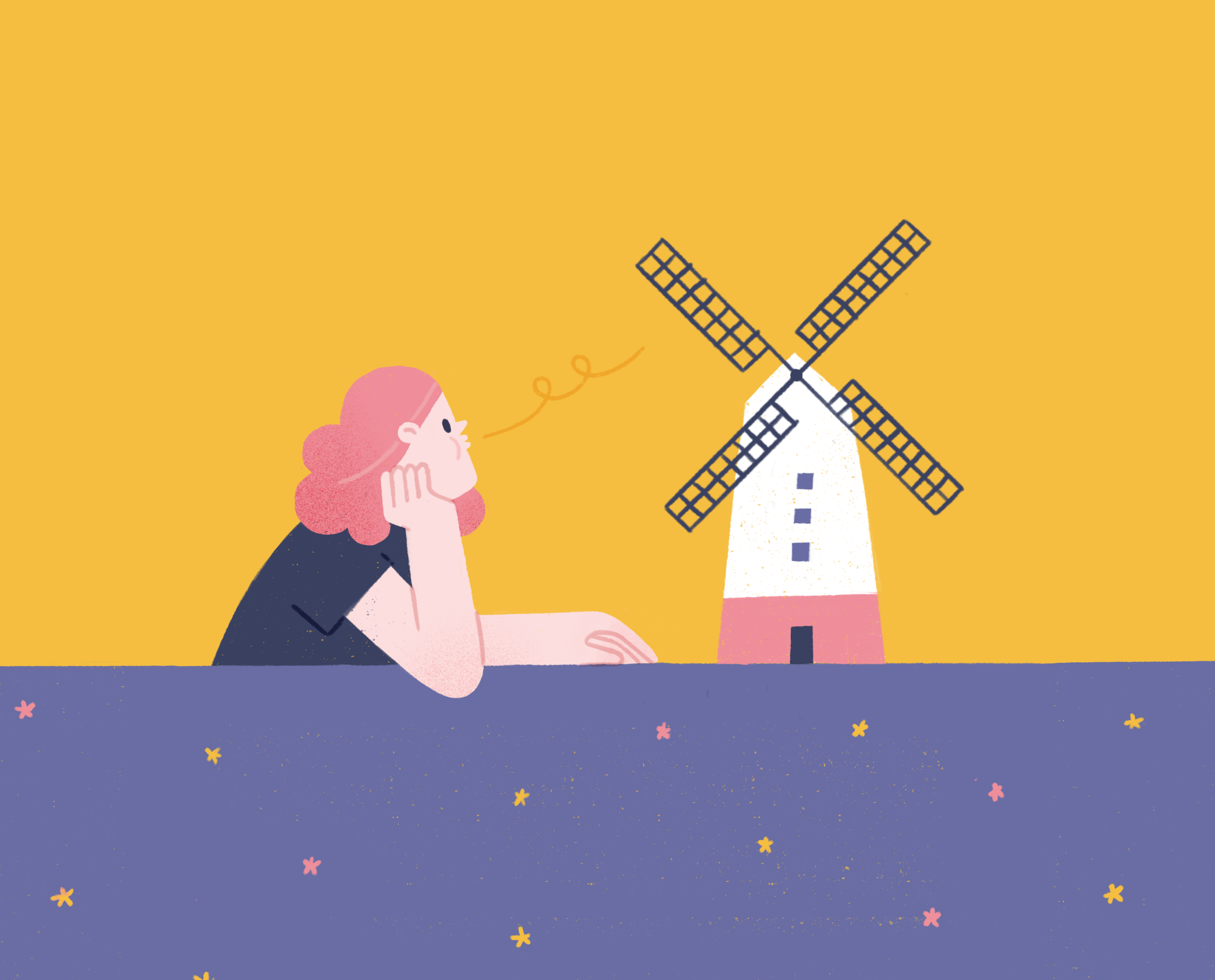 Wind of Change blow character girl illustration metaphor mill procreate texture wind windmill