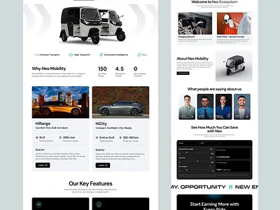 Neo Mobility Website Design branding clean energy vehicles design electric mobility website emobility presence figma framer illustration landing page profitable rides business transport startup growth ui uiux web design website design