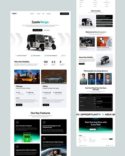 Neo Mobility Website Design branding clean energy vehicles design electric mobility website emobility presence figma framer illustration landing page profitable rides business transport startup growth ui uiux web design website design