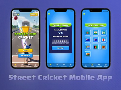Street Cricket Mobile App – Fun & Interactive Game UI app design appinterface cricketapp figma gamedesign indian cricekt ipl mobile app design mobileappui playfuldesign sportsapp
