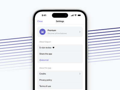 Clean Settings Screen app card clean crown design icon ios iphone legals light list minimalist panel premium purple screen scrollview settings simple