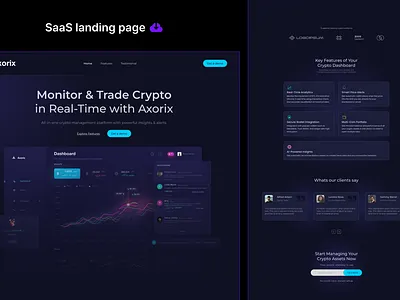 Axorix – SaaS Crypto Dashboard Landing Page clean design crypto crypto analytics crypto dashboard crypto trading dark mode finance app fintech ui graphic design landing page minimal design modern ui portfolio tracker product design saas saas landing page trading platform ui ux ui design web design