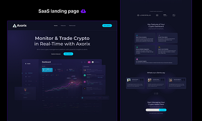 Axorix – SaaS Crypto Dashboard Landing Page clean design crypto crypto analytics crypto dashboard crypto trading dark mode finance app fintech ui graphic design landing page minimal design modern ui portfolio tracker product design saas saas landing page trading platform ui ux ui design web design