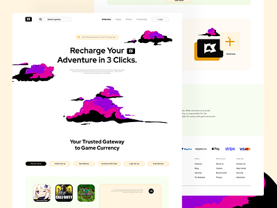 Anterana - Game Top up platform {Website design} bento grid branding clean cloud game illustration logo modern nextjs orange professional topup transaction ui ui ux user interface voucher webdesign website design white