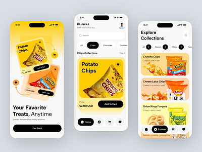 E-Commerce Online Snack Ordering App android app design delivery app delivery services food food and drink food app food delivery app ios minimal mobile online food online order app online store shopping shopping cart snack snacks