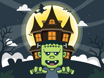 Cute Frankinsten Illustration background branding cartoon castle celebrate chibi cute design frankinsten ghost hallowen holidays illustration kawaii mascot spooky ui ux