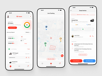 Fleetin – Vehicle Rental Tracking App car rental car tracker clean design drive figma location maps mobile app mobile dashboard mobile rental modern reminder rental rental admin rental app tracker tracker app ui vehicle