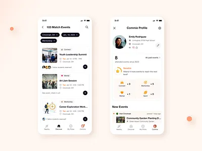 Community-based event app community design event event app mobile ux orange profile search social media teenager